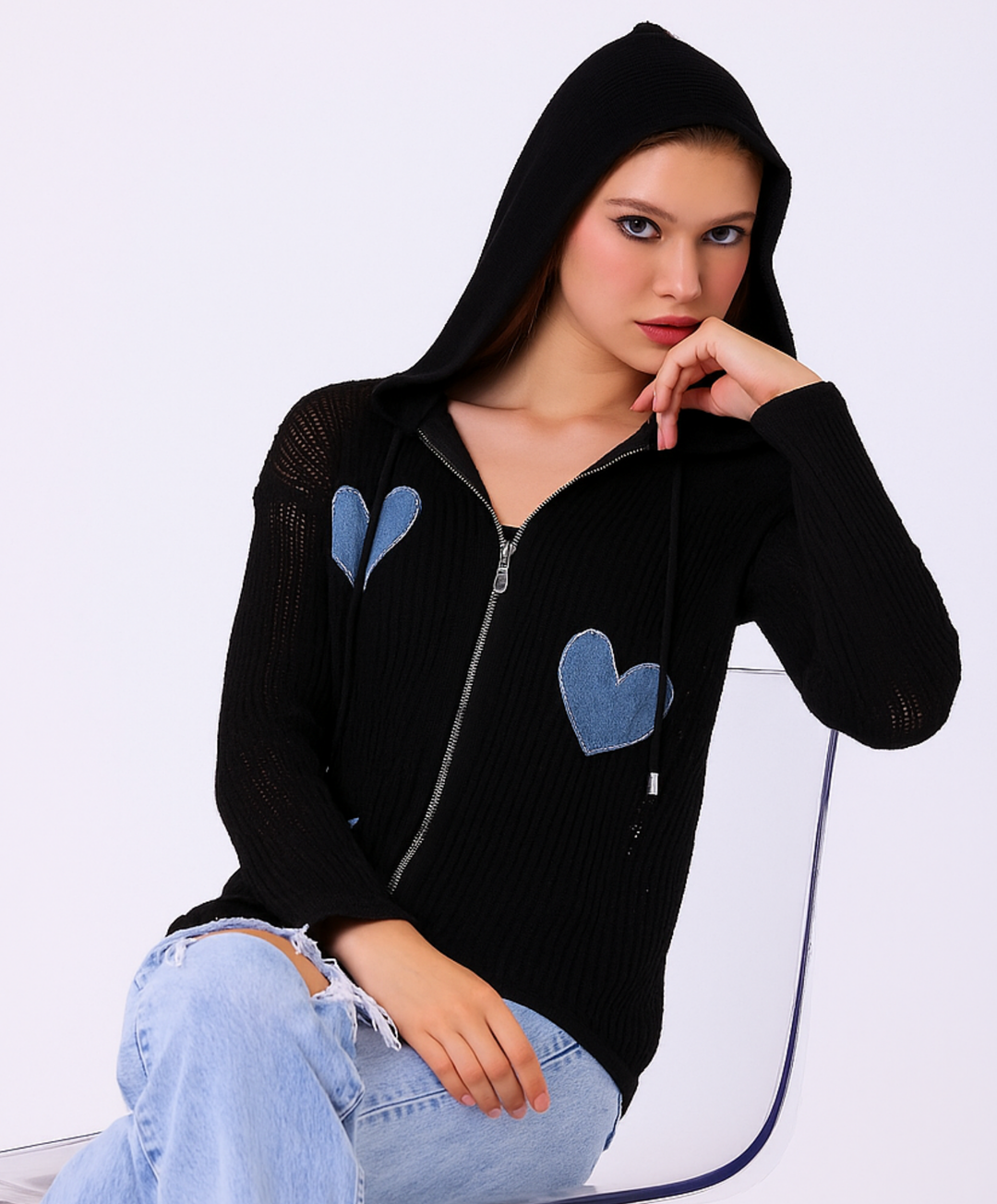 Denim Heart Crochet Hoodie
