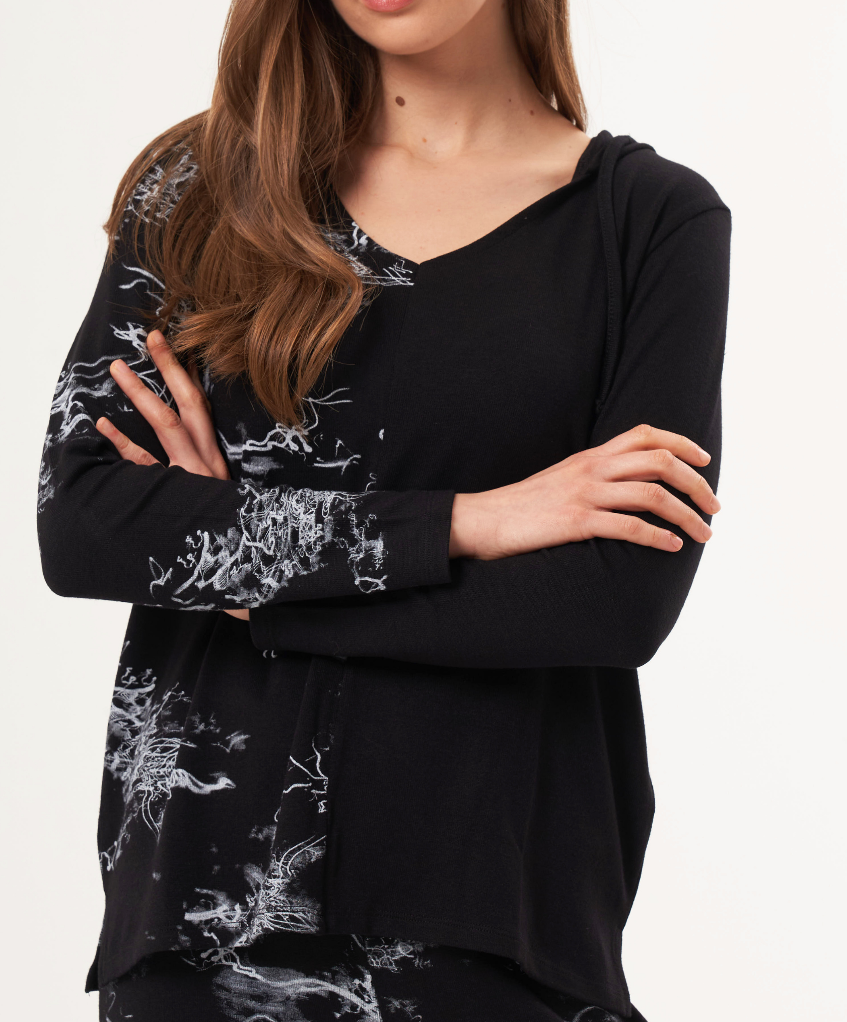 Abstract Print Two Tone V-Neck Hoodie